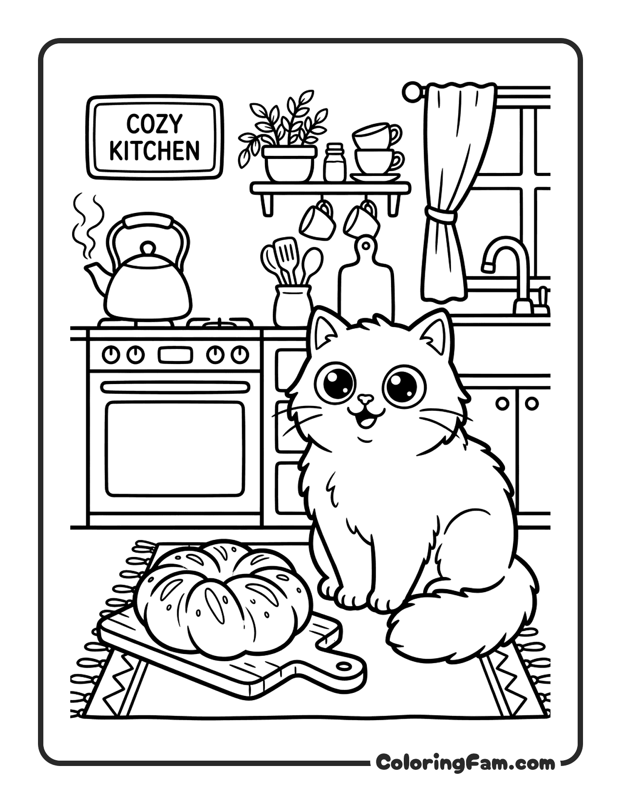 Fluffy Cat Sitting In A Cozy Kitchen Next coloring page