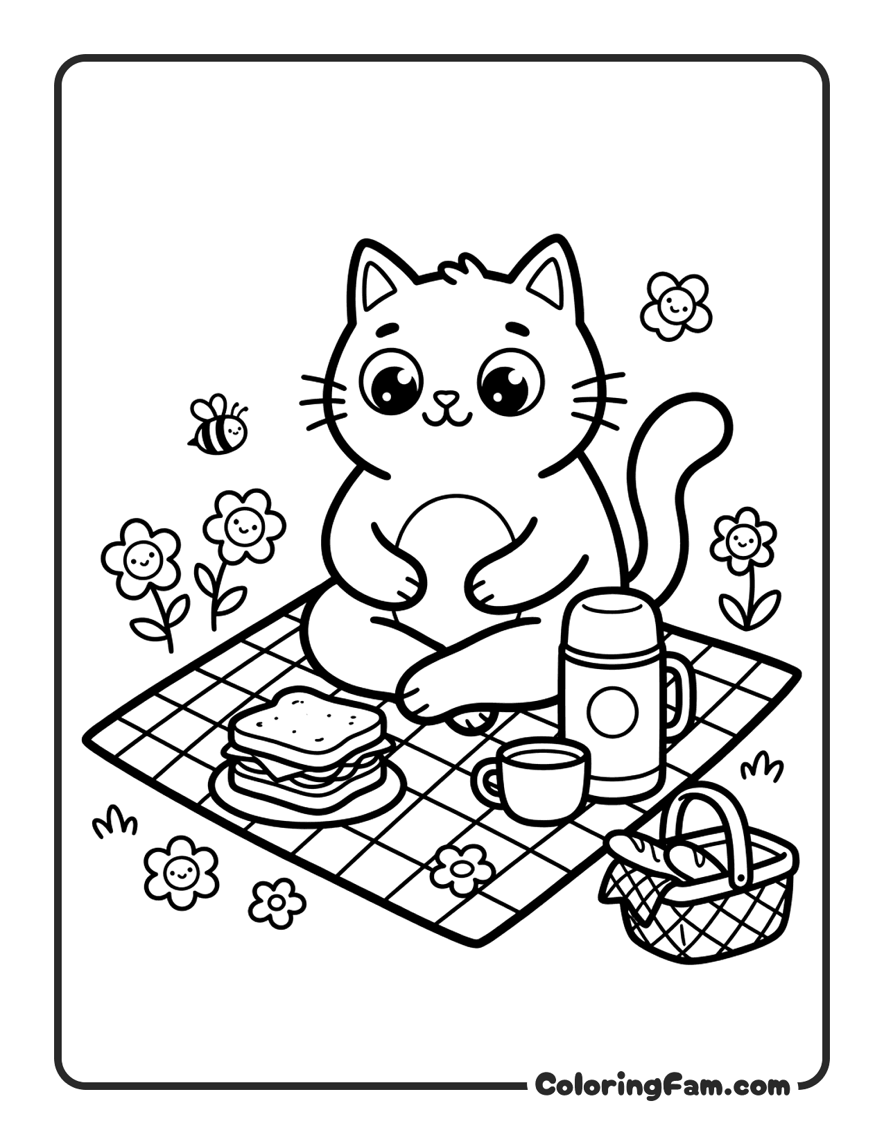 Cat Sitting At A Picnic Blanket coloring page