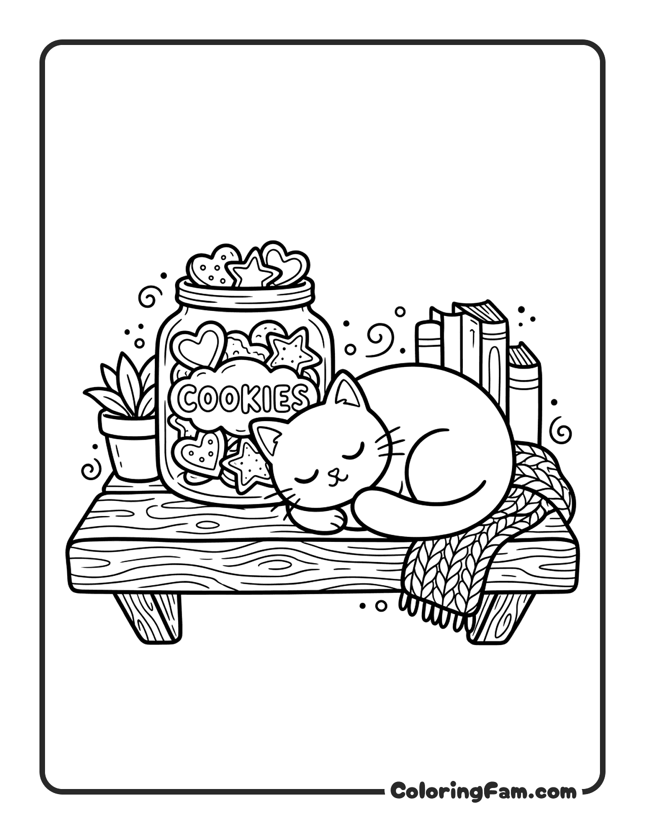 Cat Curled Up Next To A Jar Of Cookies coloring page