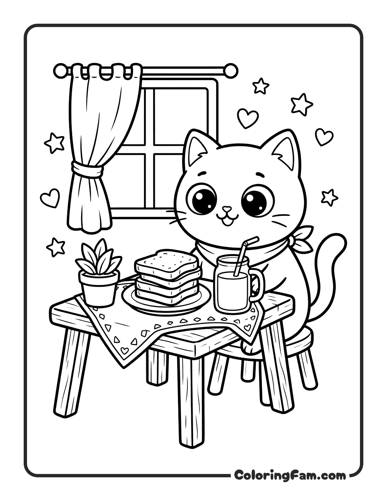 Cat Sitting At A Breakfast Table With Toast coloring page
