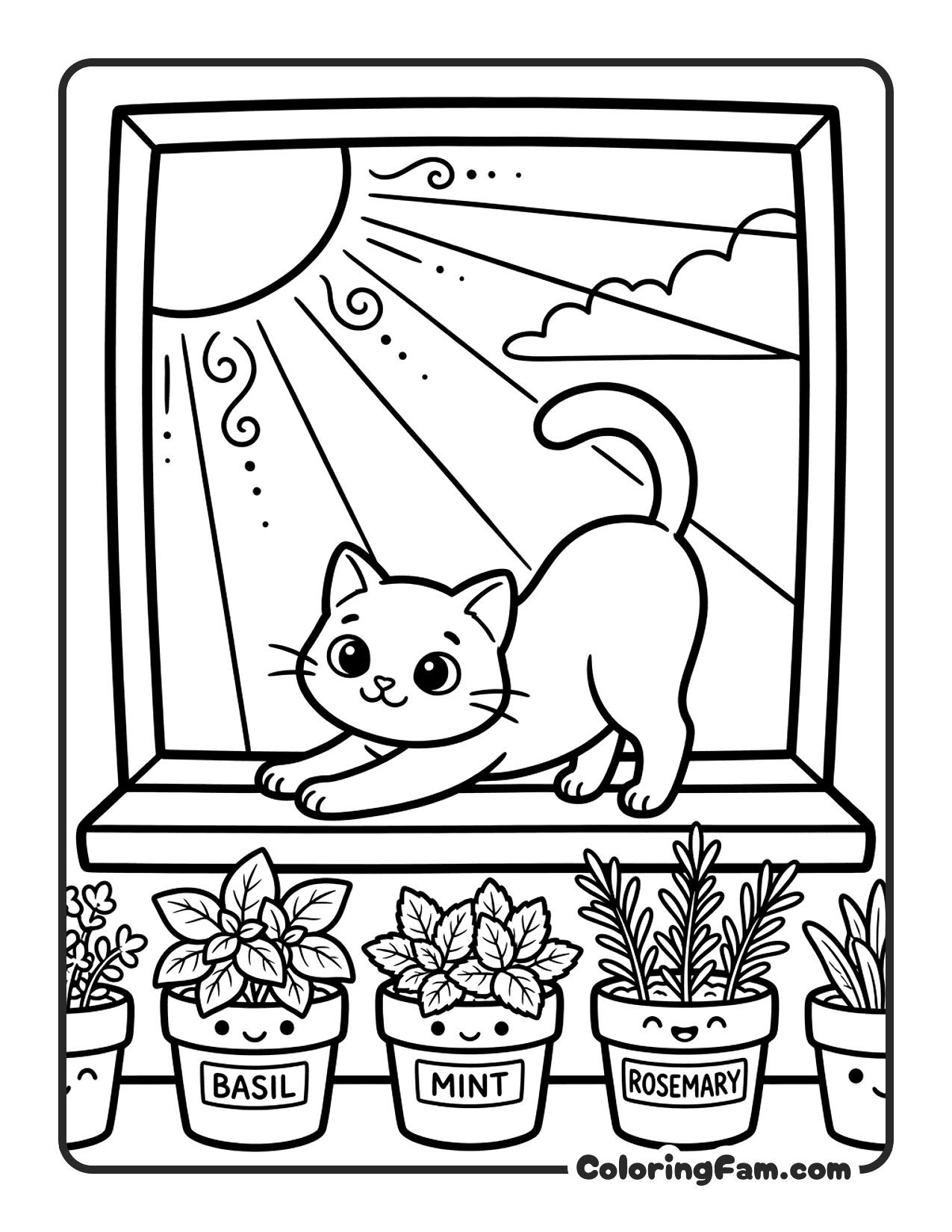 Cat Stretching On A Sunny Windowsill coloring page