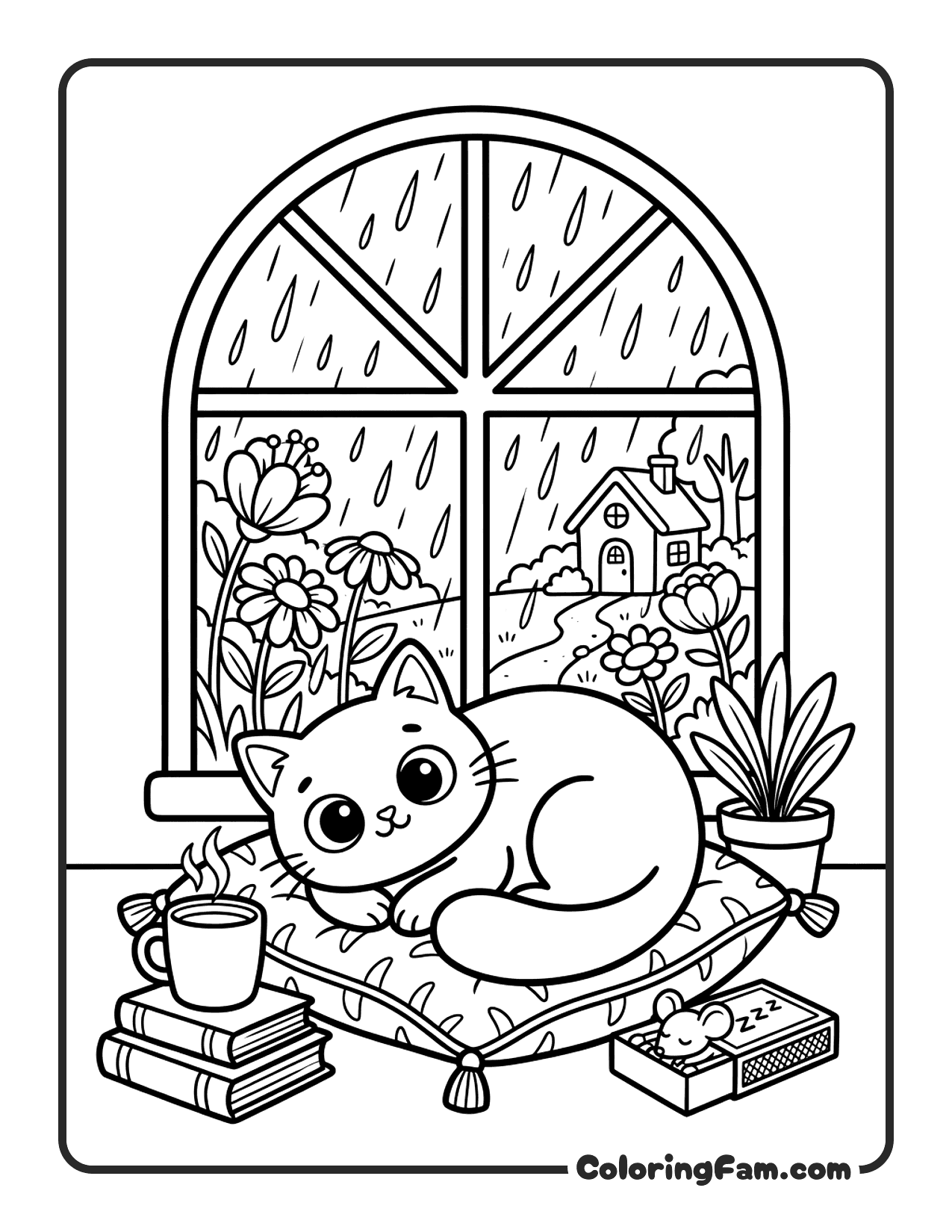 Cat Curled Up On A Pillow Next To A Window coloring page