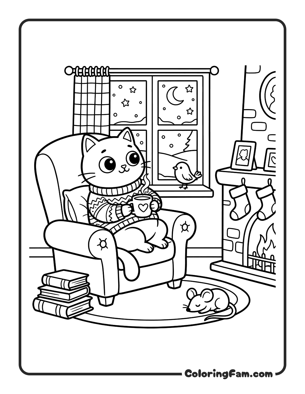 Cat Sipping Hot Cocoa By A Window On A Chilly coloring page