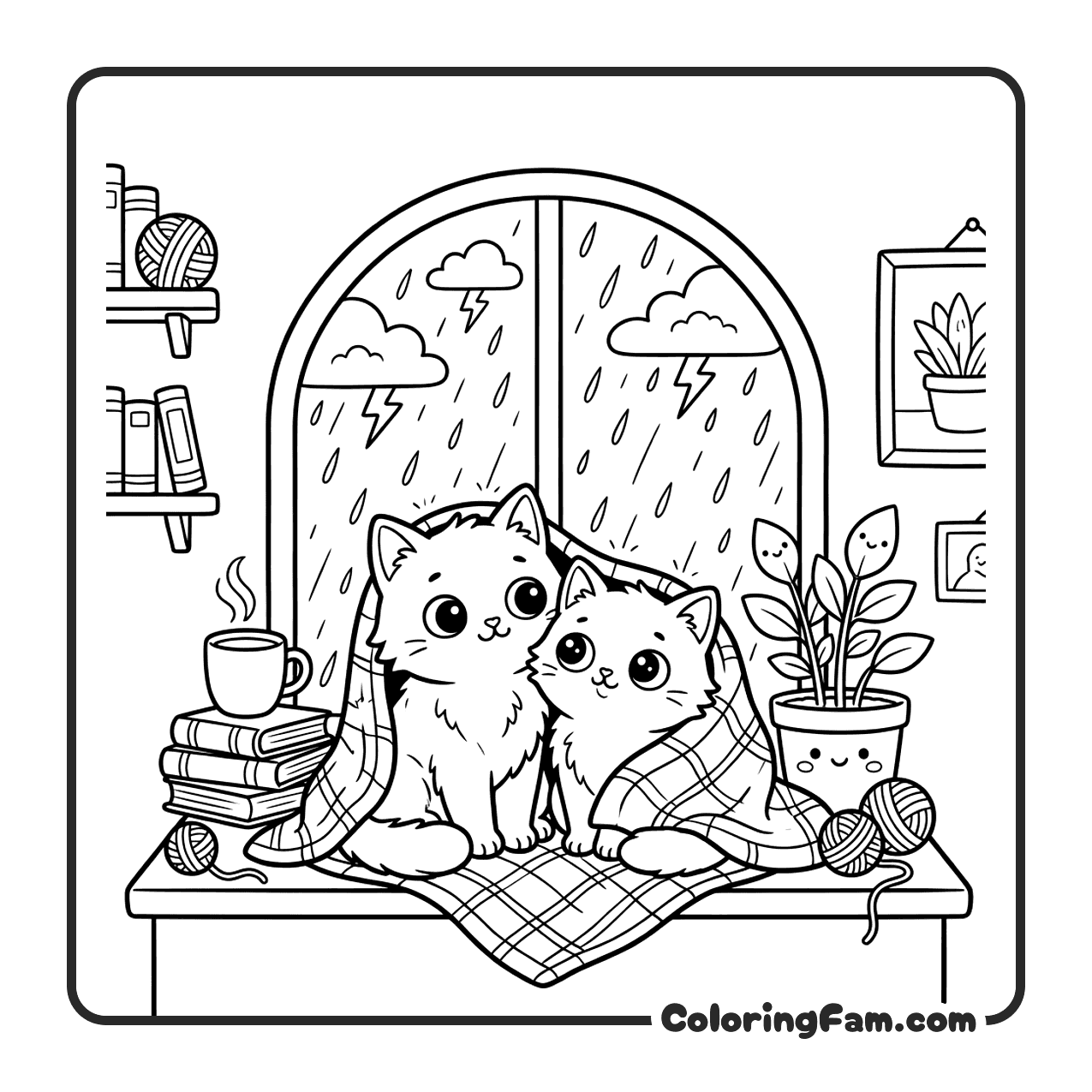 Two Kittens Huddled Together On A Windowsill coloring page