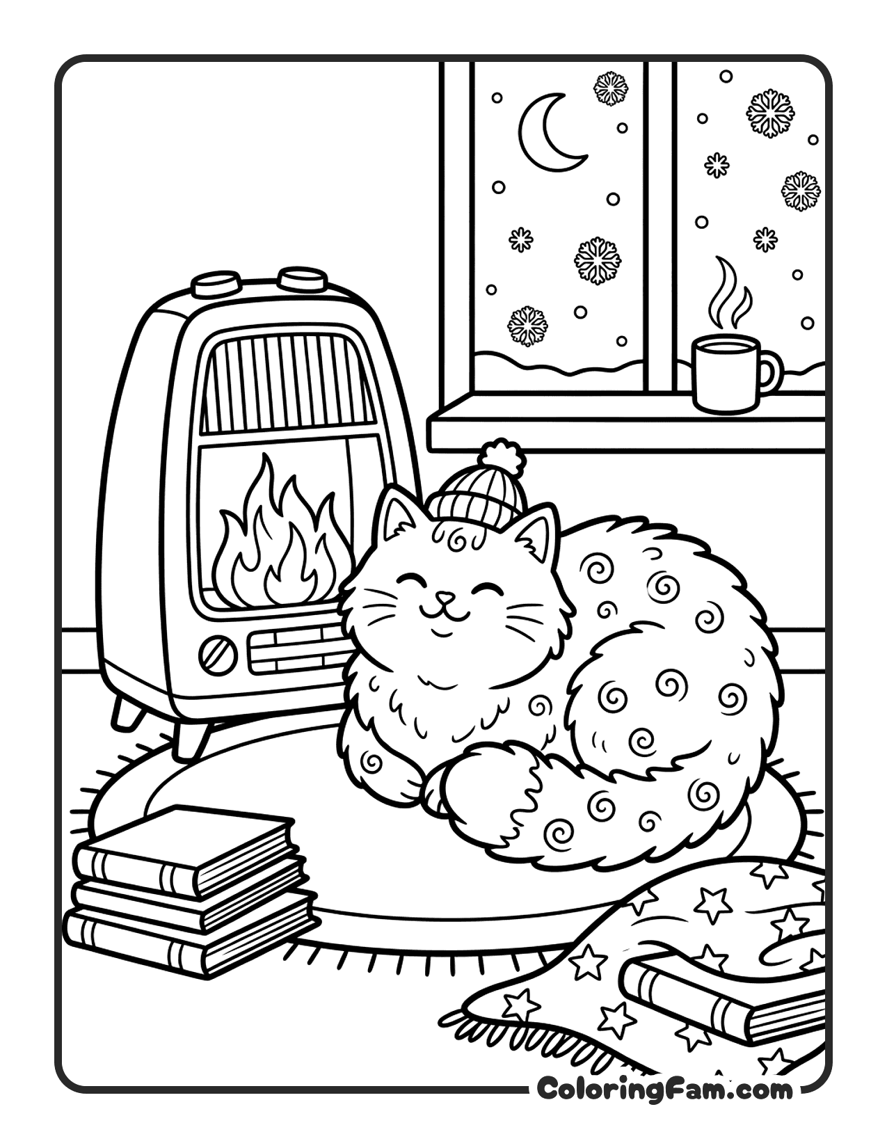 Fluffy Cat Sleeping Next To A Space Heater coloring page