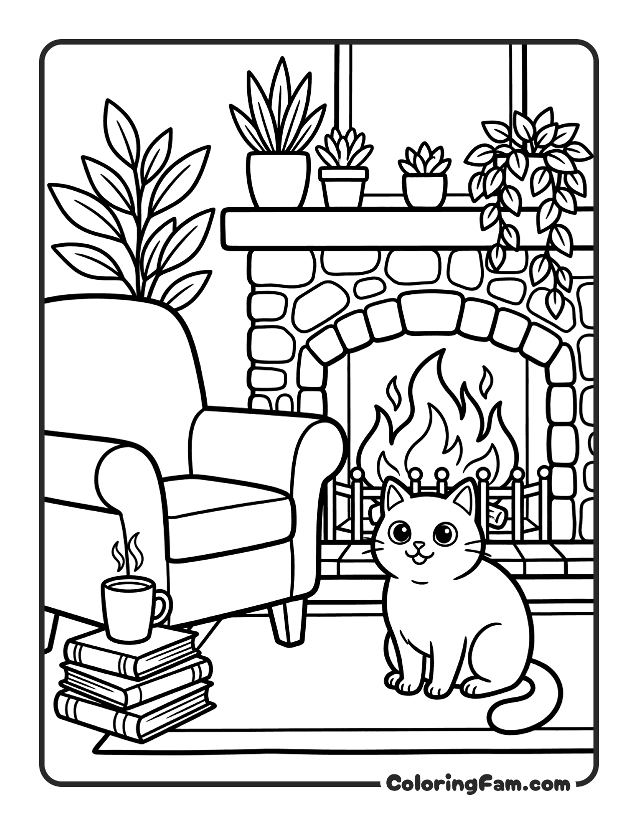 Cat Sitting In A Warm Room Next To A Glowing coloring page