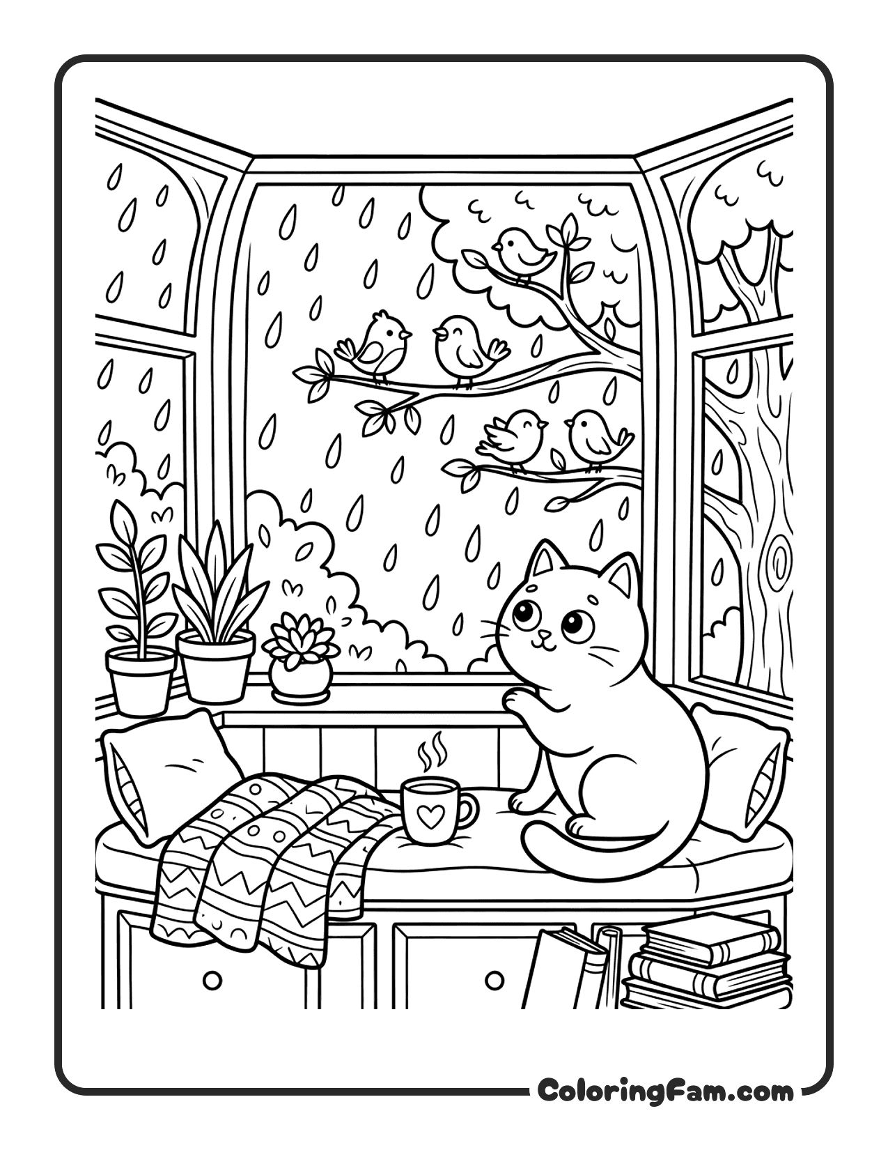 Cat Sitting In A Bay Window Watching Birds coloring page