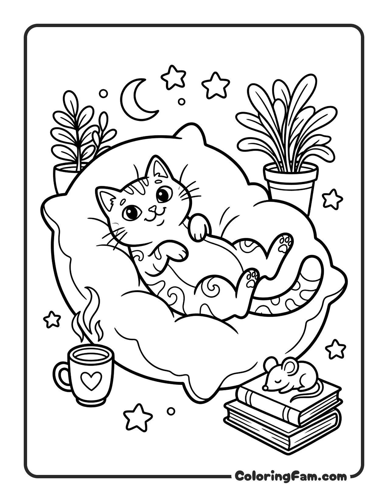 Cat Stretched Out Belly Up On A Big Soft coloring page