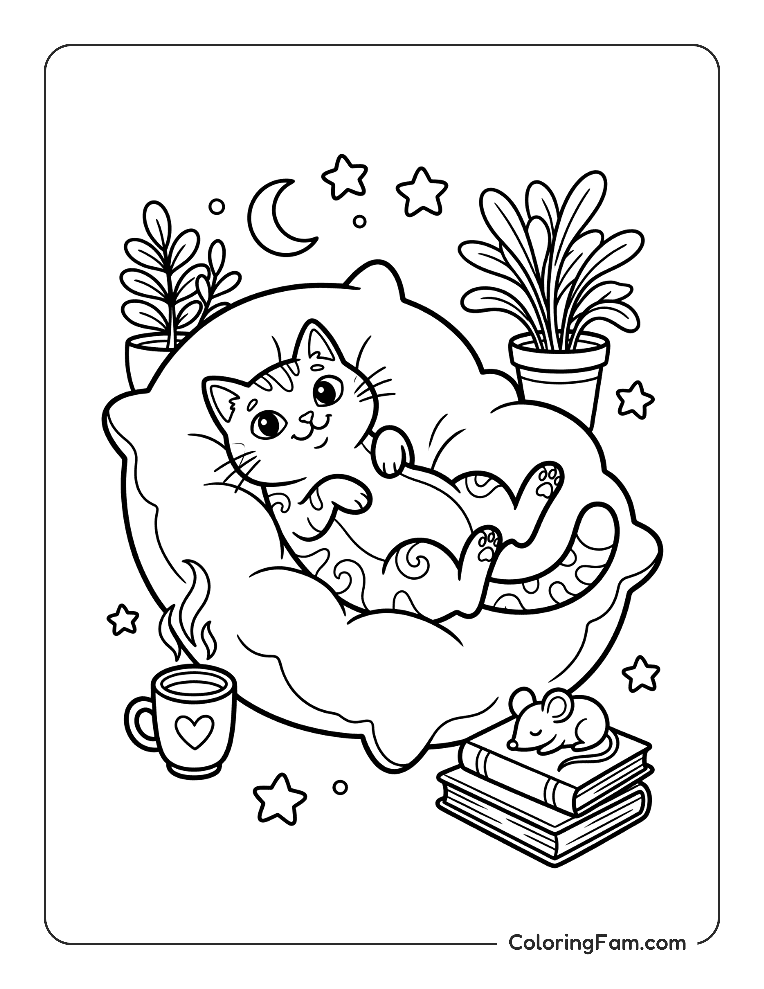 Cat Stretched Out Belly Up On A Big Soft coloring page