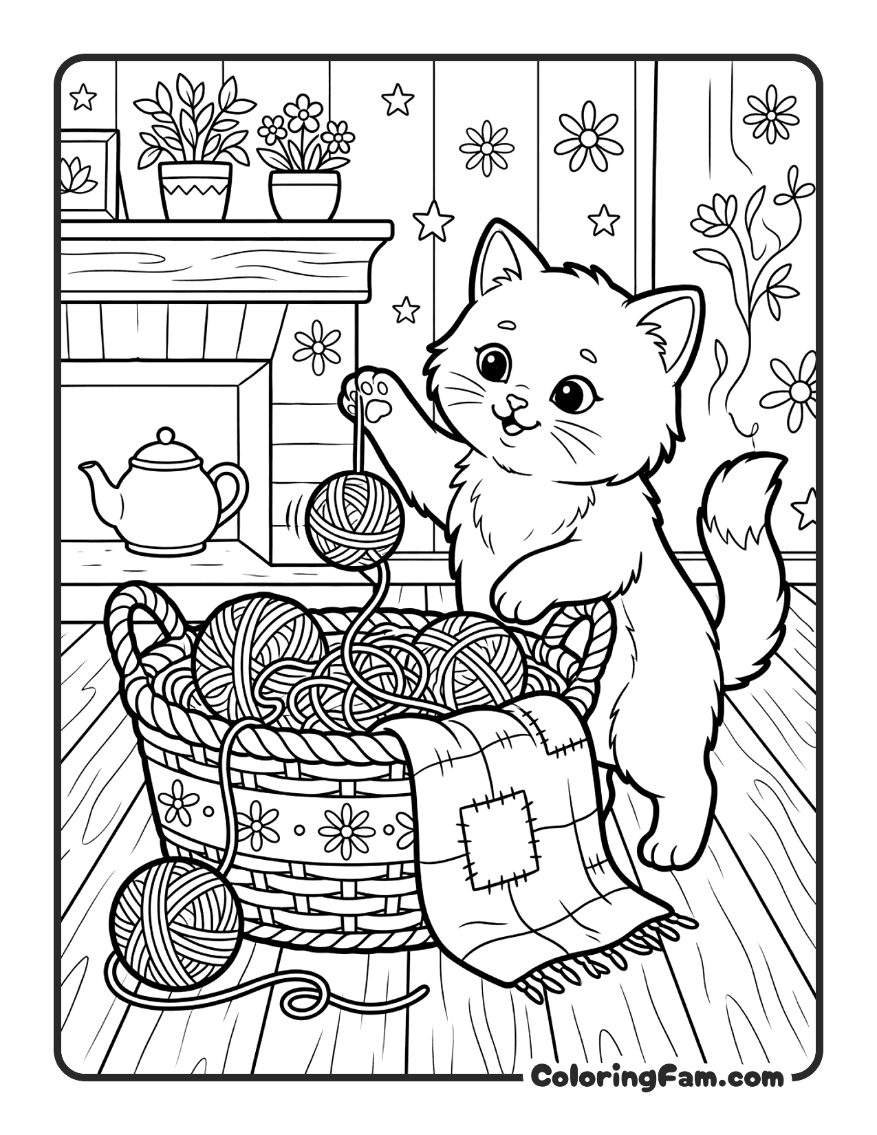 Fluffy Kitten Batting At A Dangling Yarn Ball coloring page