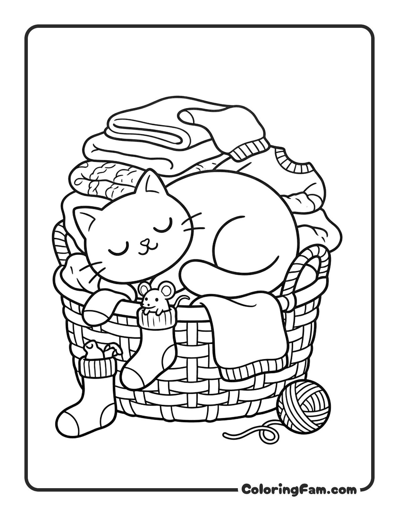 Cat Sleeping In A Cozy Laundry Basket Full coloring page