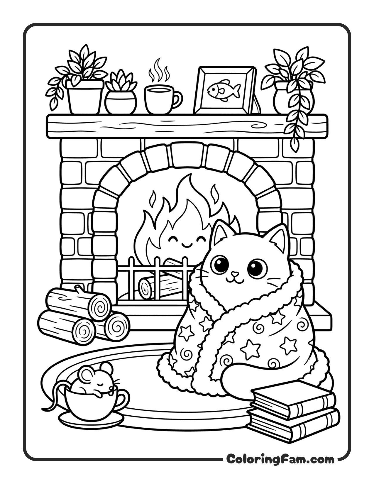 Cat Wrapped In Star Blanket By Fireplace coloring page