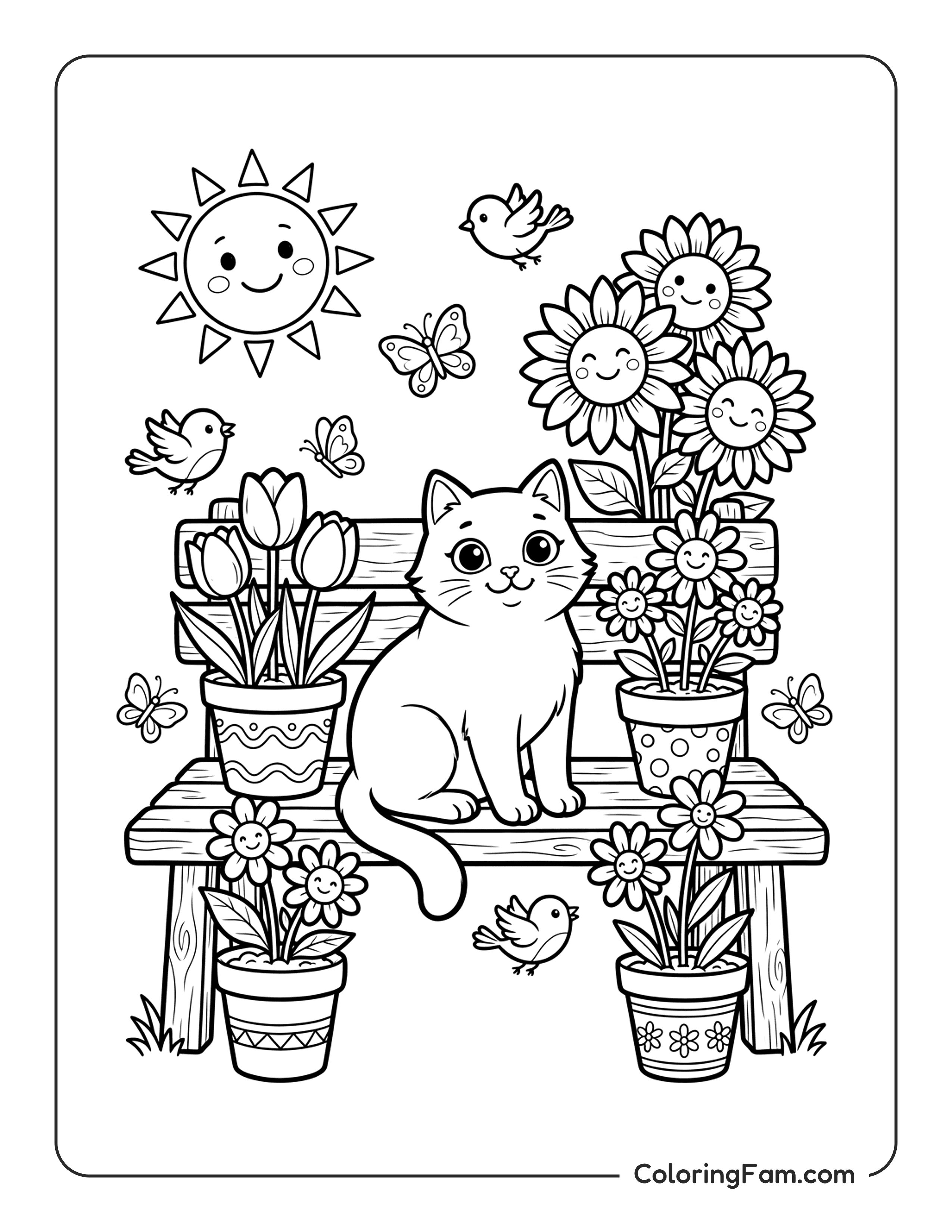 Cat On Garden Bench With Sunflowers coloring page