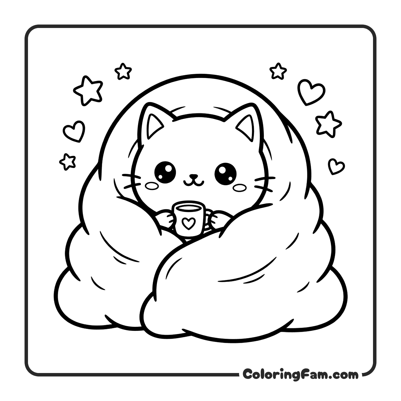 Cat Wrapped In Blanket Enjoying Cocoa coloring page