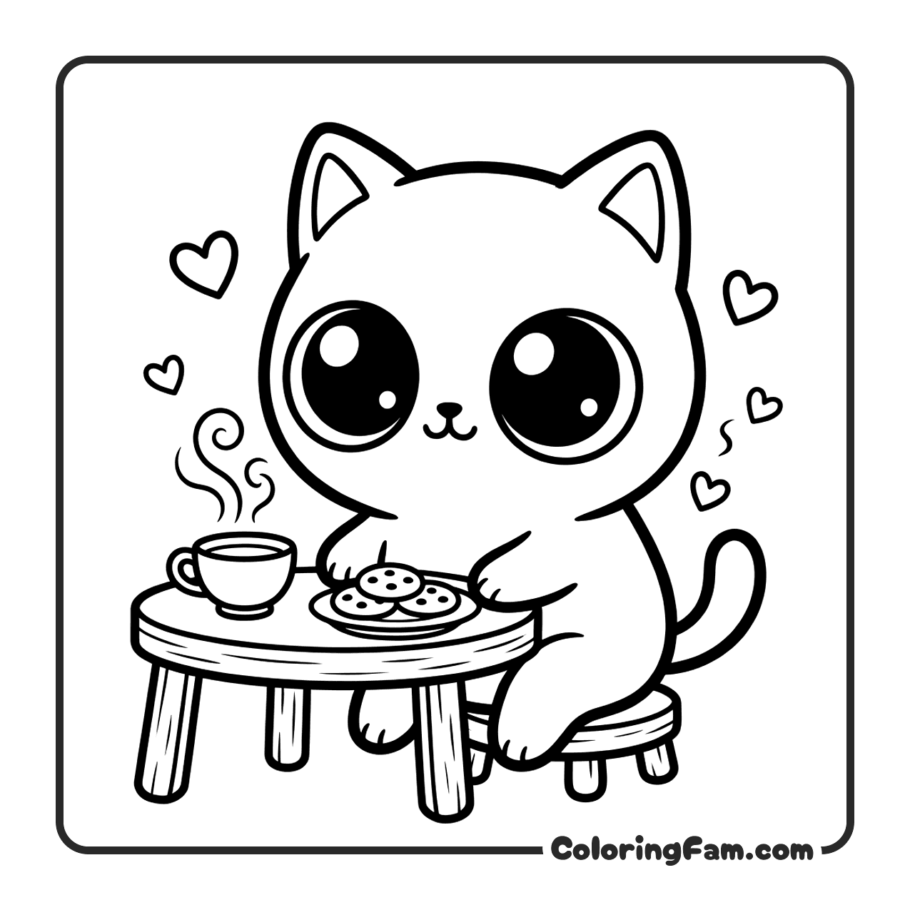 Cute Cat At Cookie Tea Time coloring page