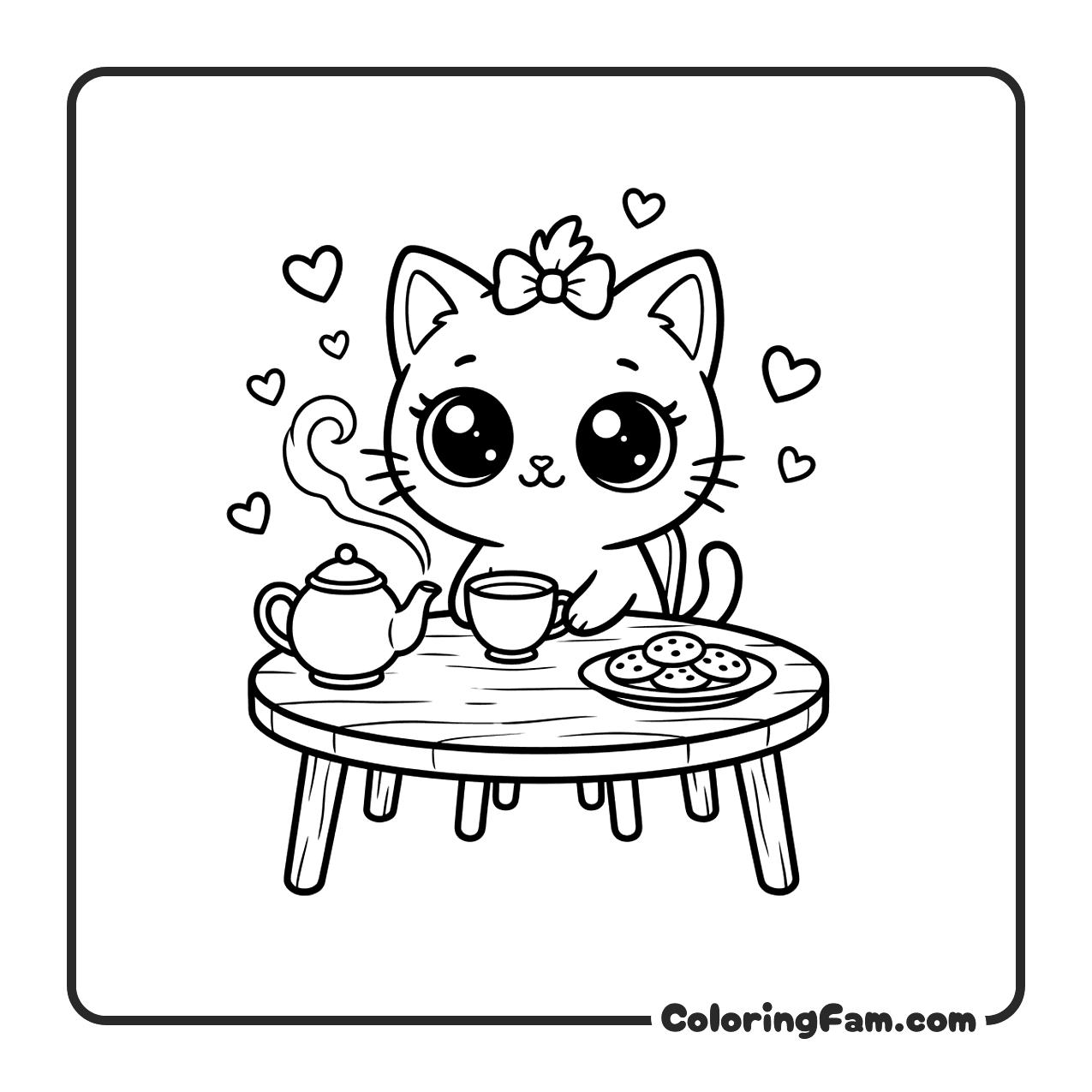 Cute Cat At Tea Party coloring page