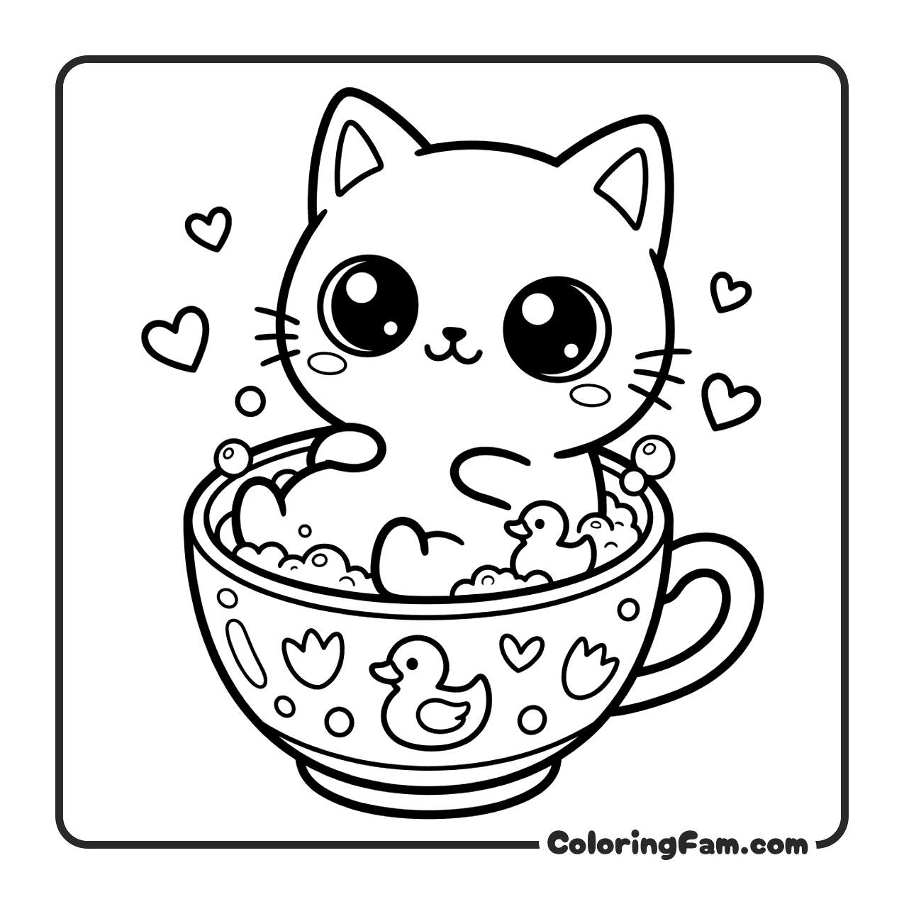 Cute Cat Bathing In Teacup coloring page