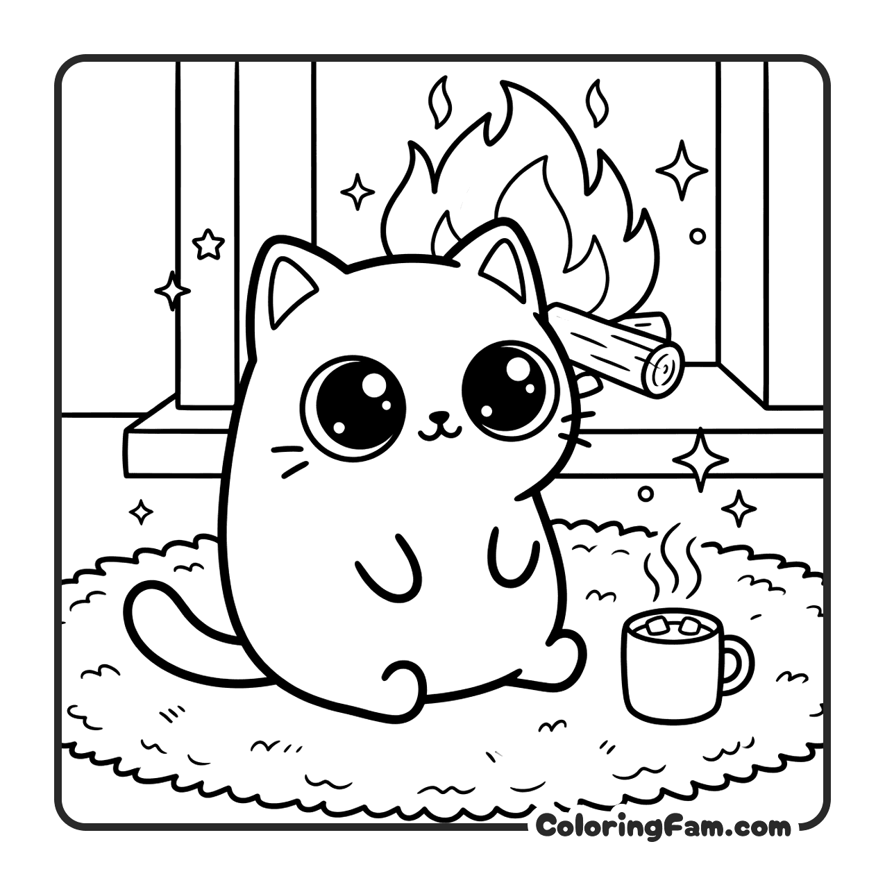 Cute Cat By Cozy Fireplace coloring page