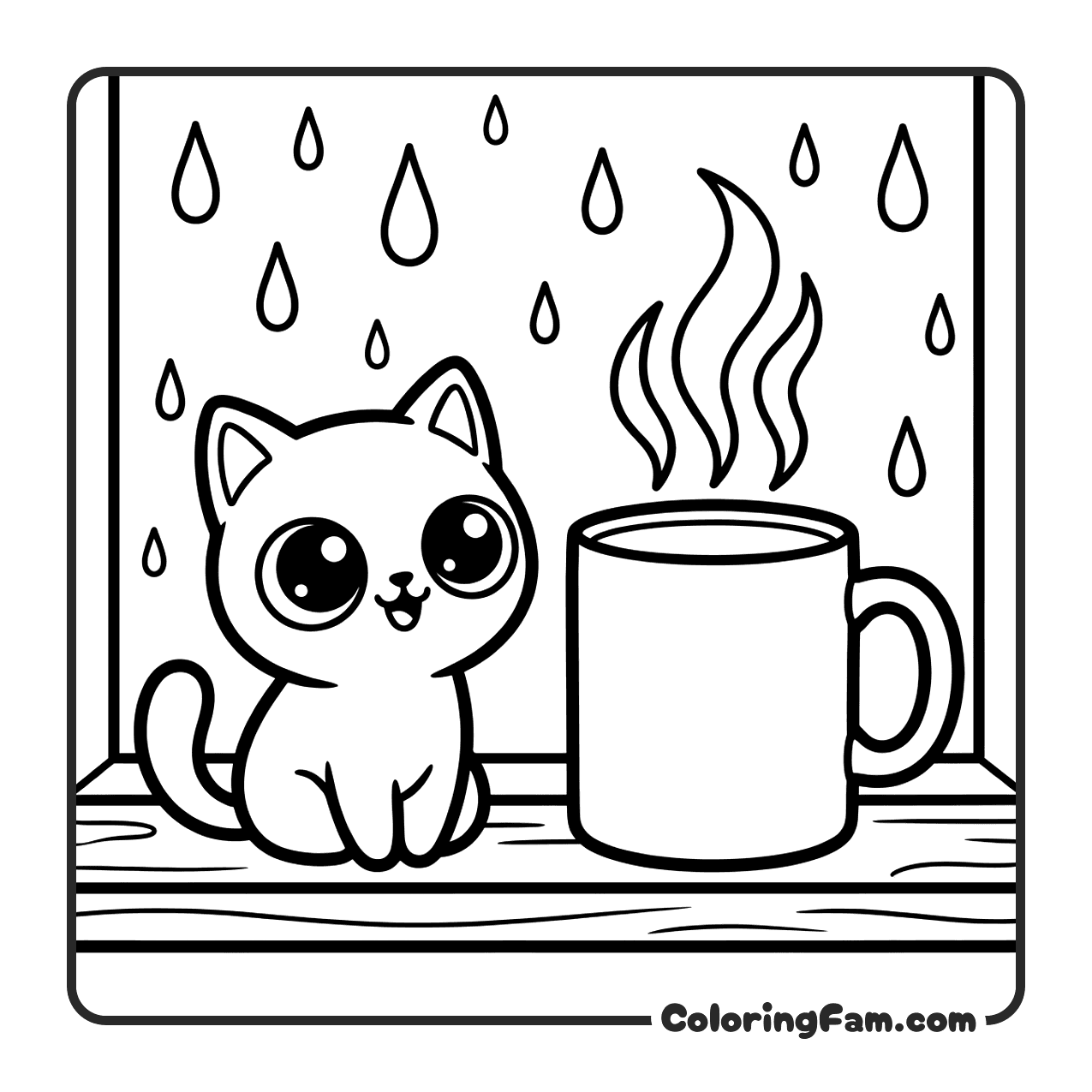Cute Cat By Rainy Window coloring page