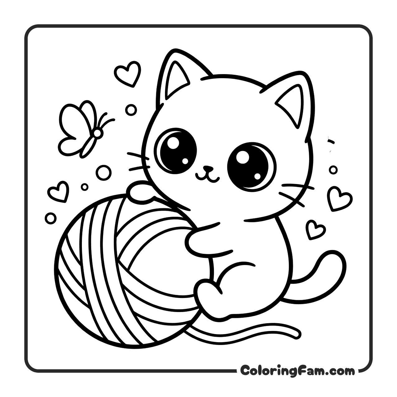 Cute Cat Chasing Yarn Butterfly coloring page