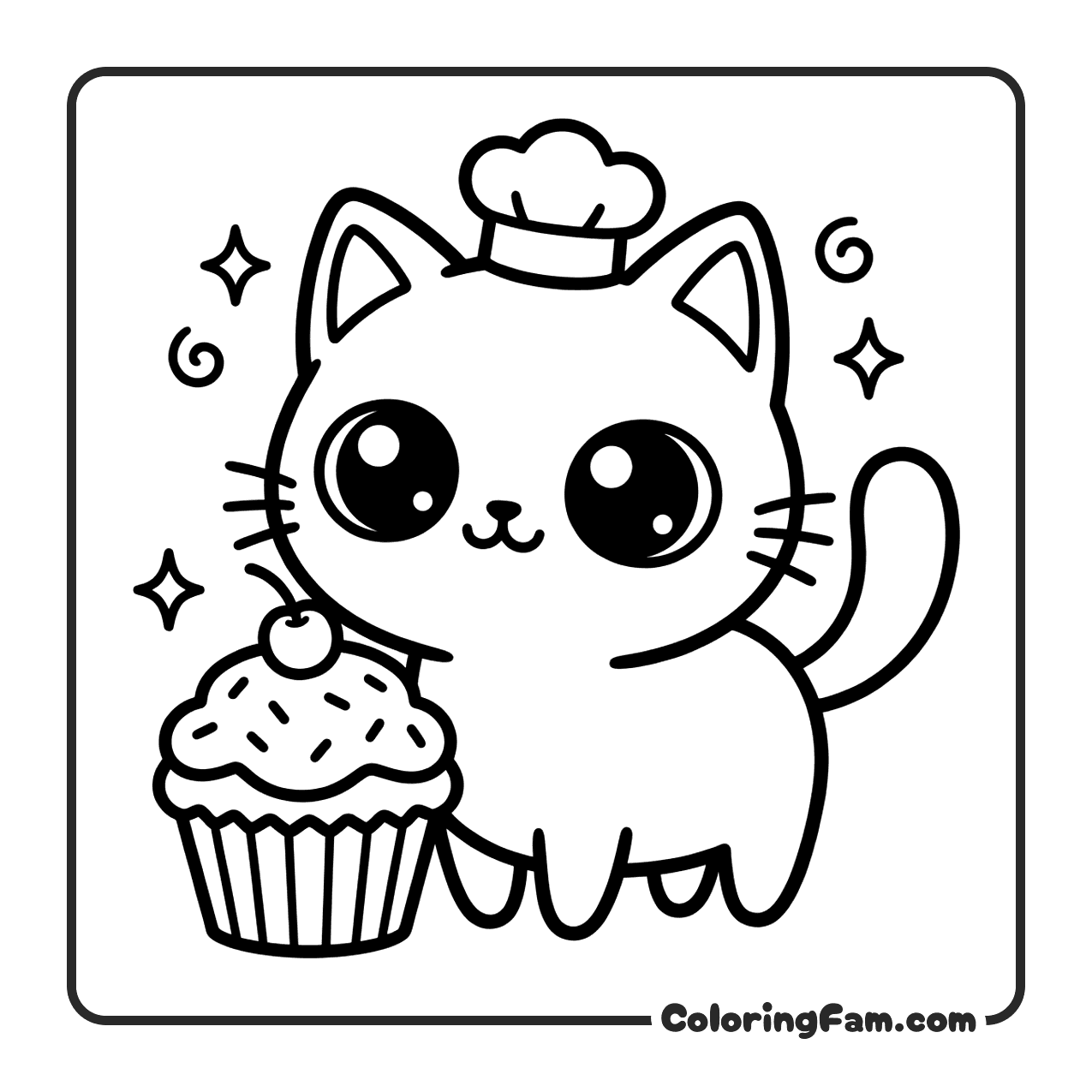 Cute Cat Chef With Freshly Baked Cupcake coloring page