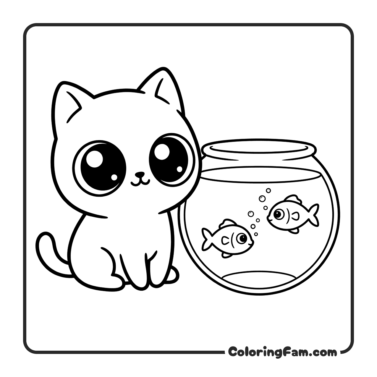 Cute Cat Gazing At Fish In Bowl coloring page