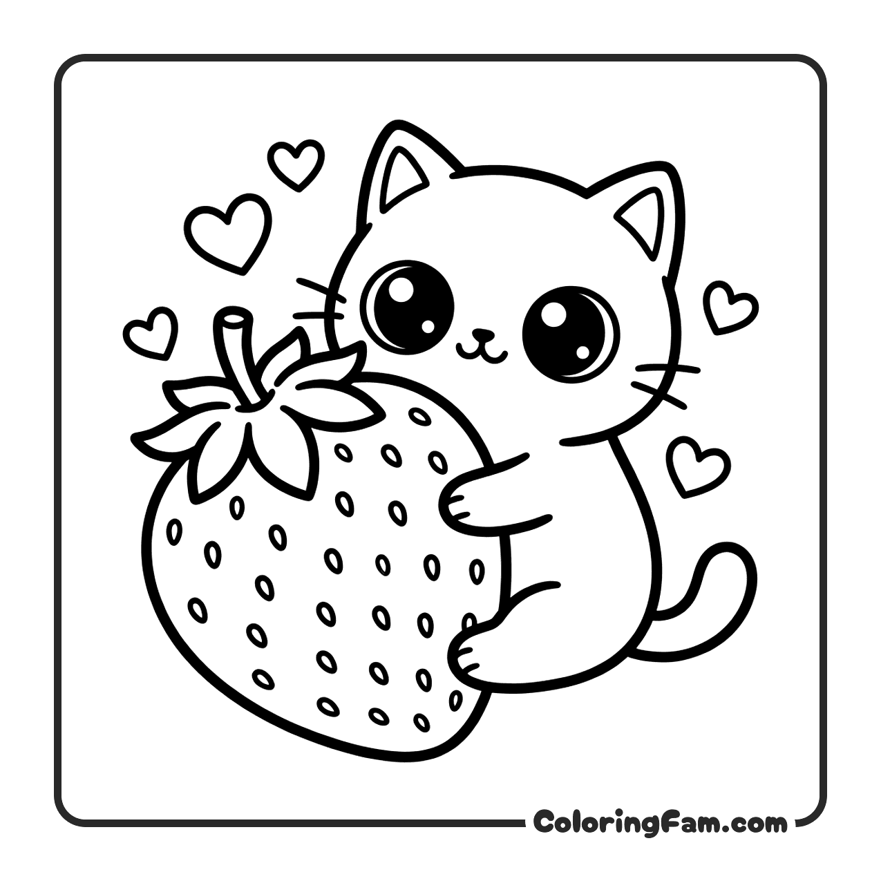 Cute Cat Hugging Giant Strawberry coloring page