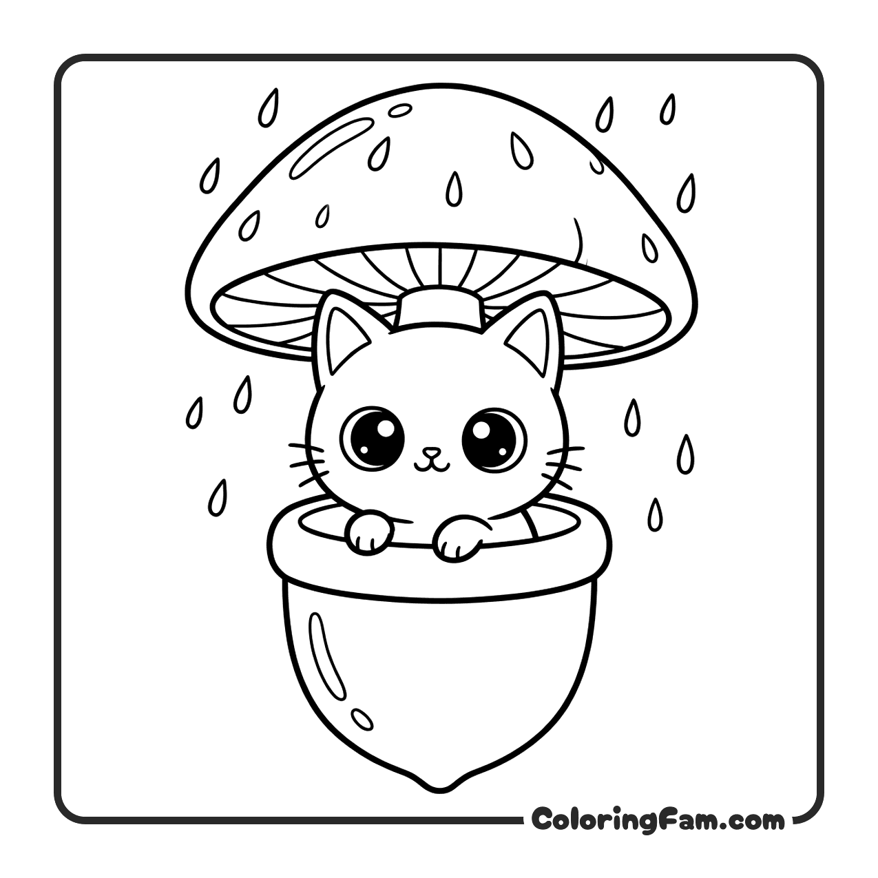 Cute Cat In Acorn Cup Under Mushroom coloring page