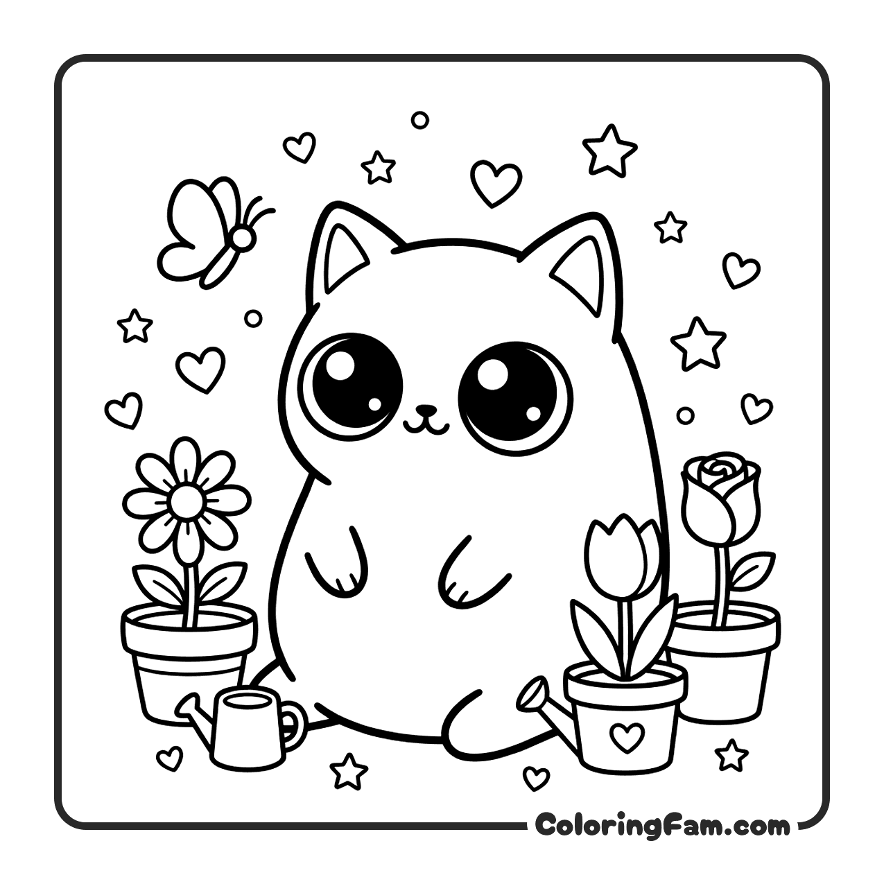 Cute Cat In Flower Garden coloring page