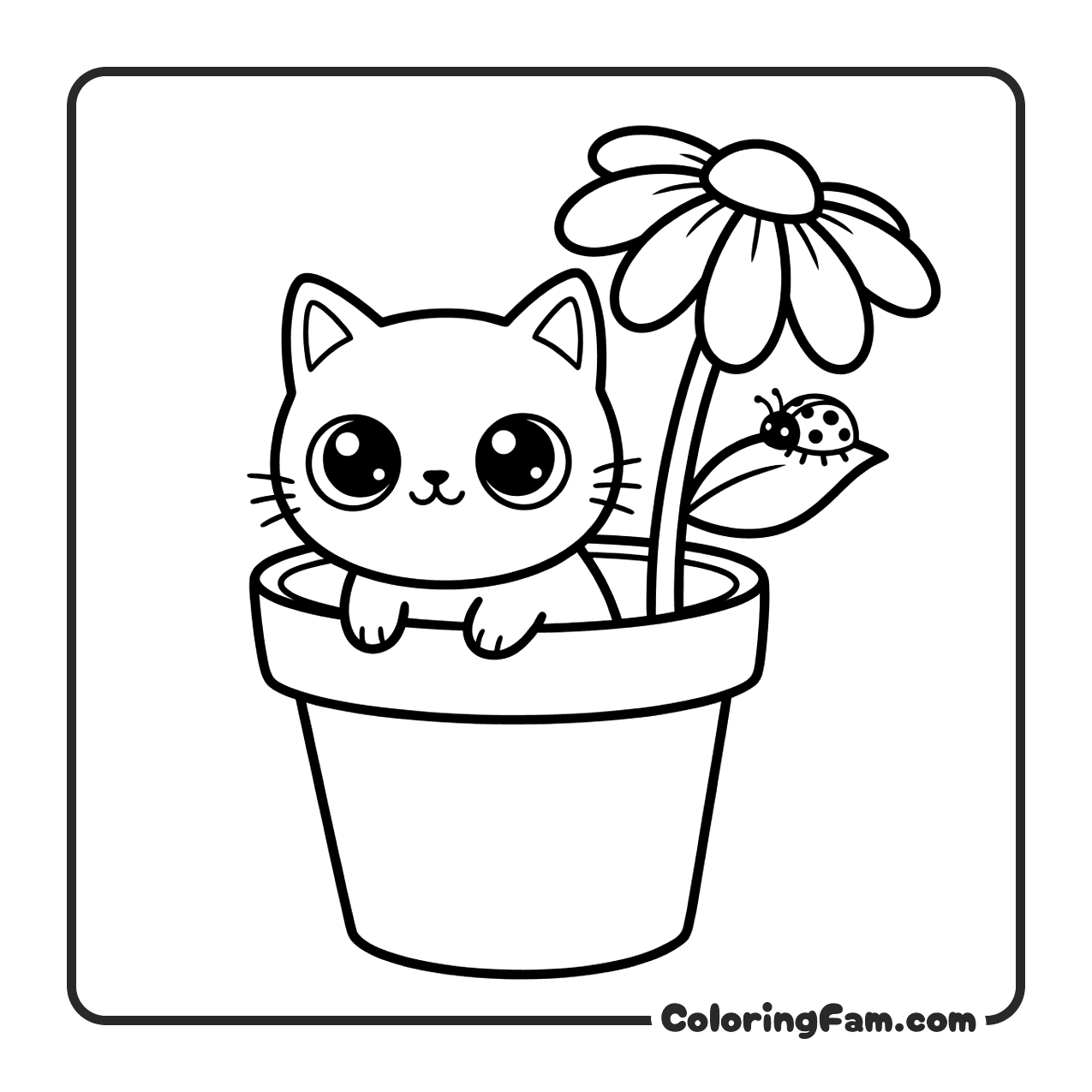 Cute Cat In Flower Pot With Daisy coloring page