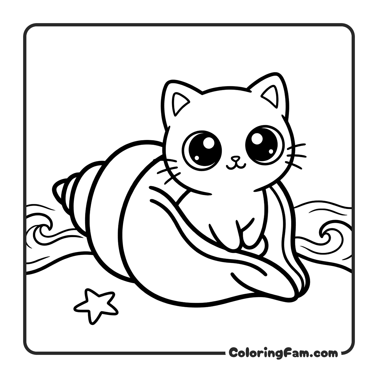 Cute Cat In Giant Seashell At Beach coloring page