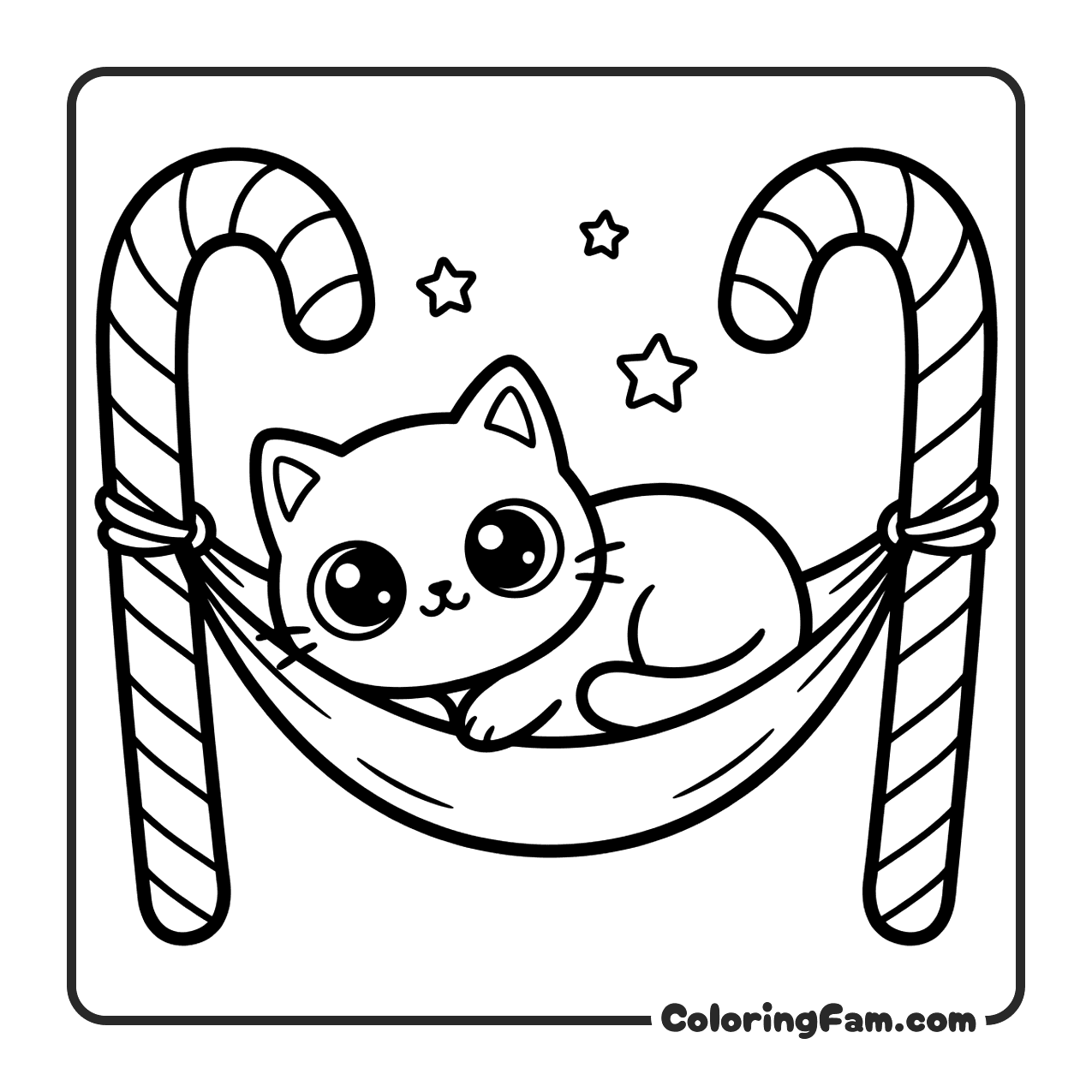 Cute Cat In Hammock Between Candy Canes coloring page