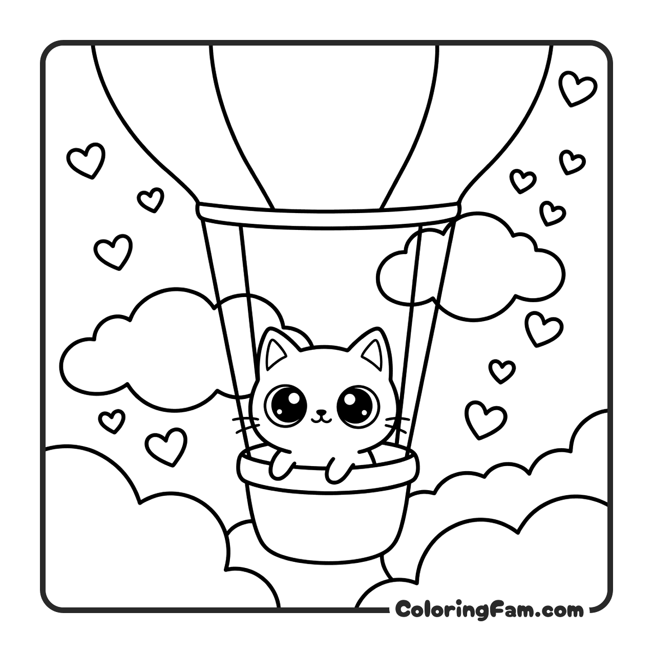 Cute Cat In Hot Air Balloon coloring page