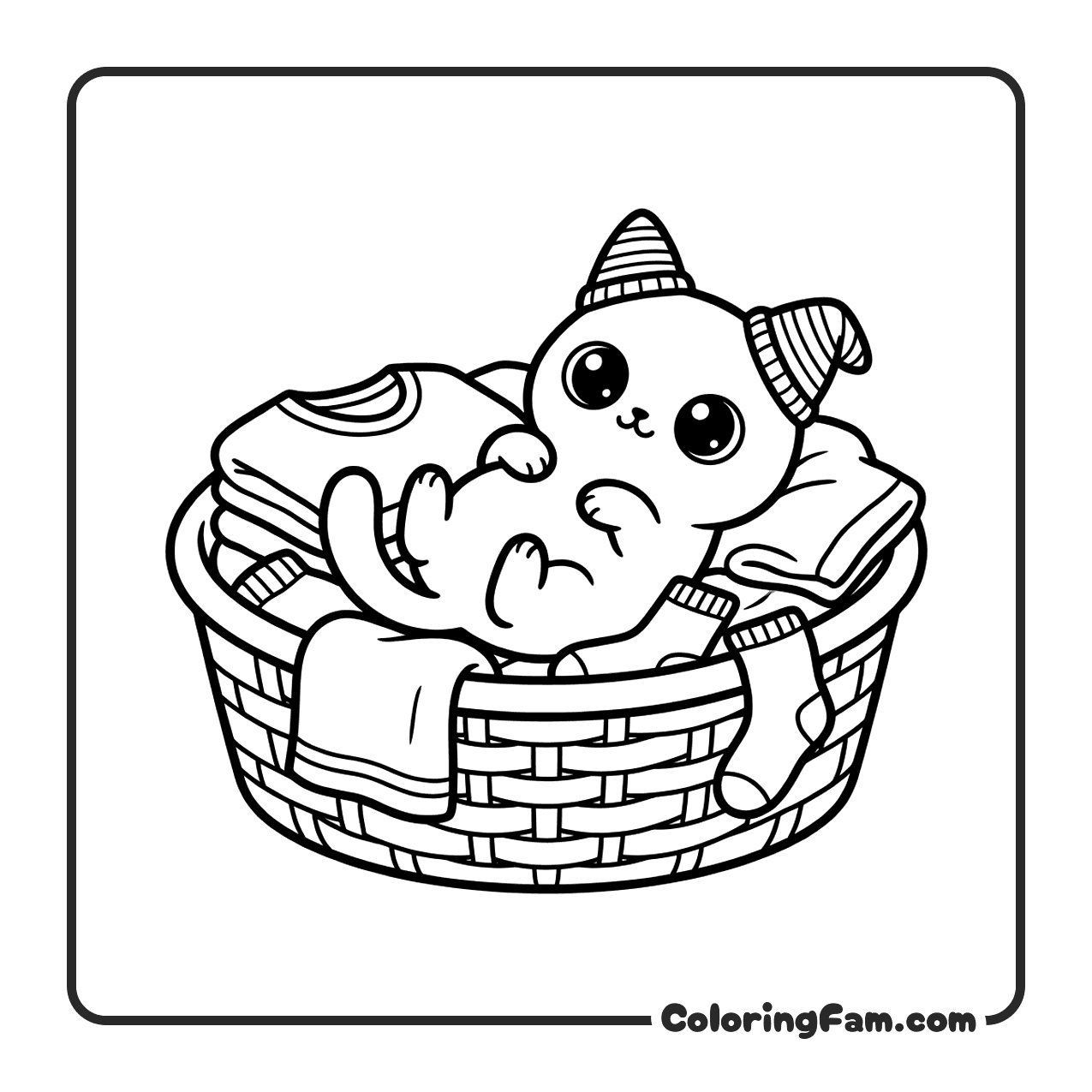 Cute Cat In Laundry Basket With Socks coloring page