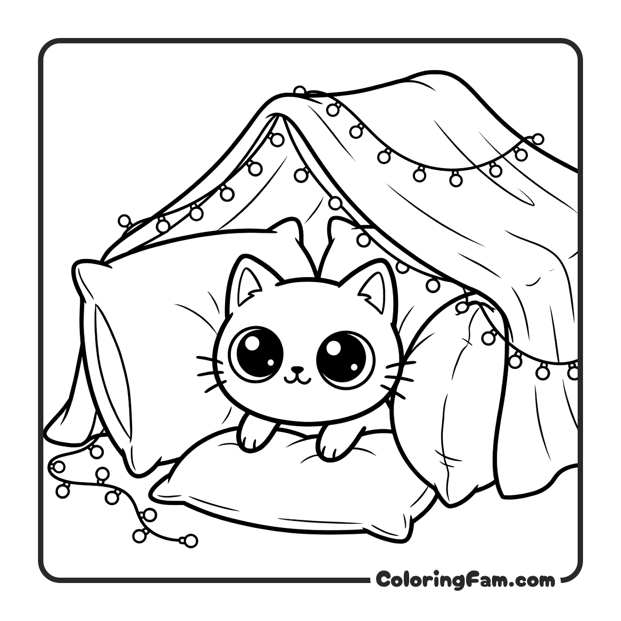 Cute Cat In Pillow Fort coloring page