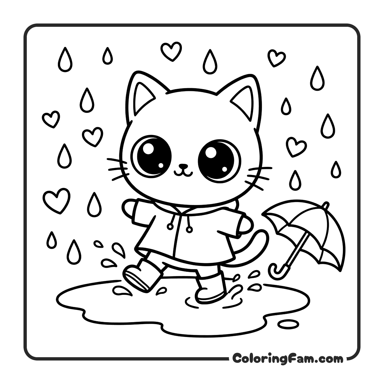 Cute Cat In Raincoat At Puddle coloring page