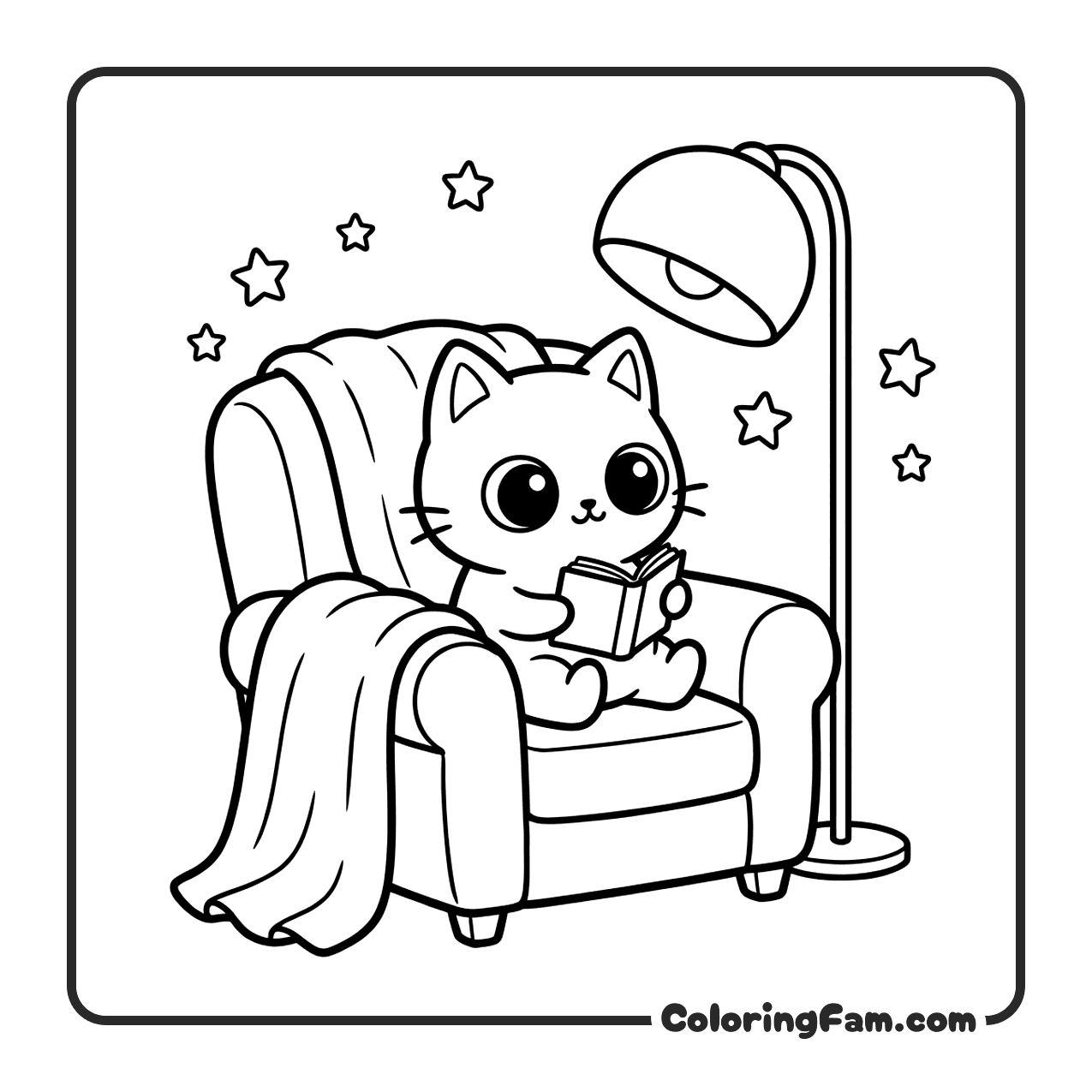 Cute Cat In Reading Nook coloring page
