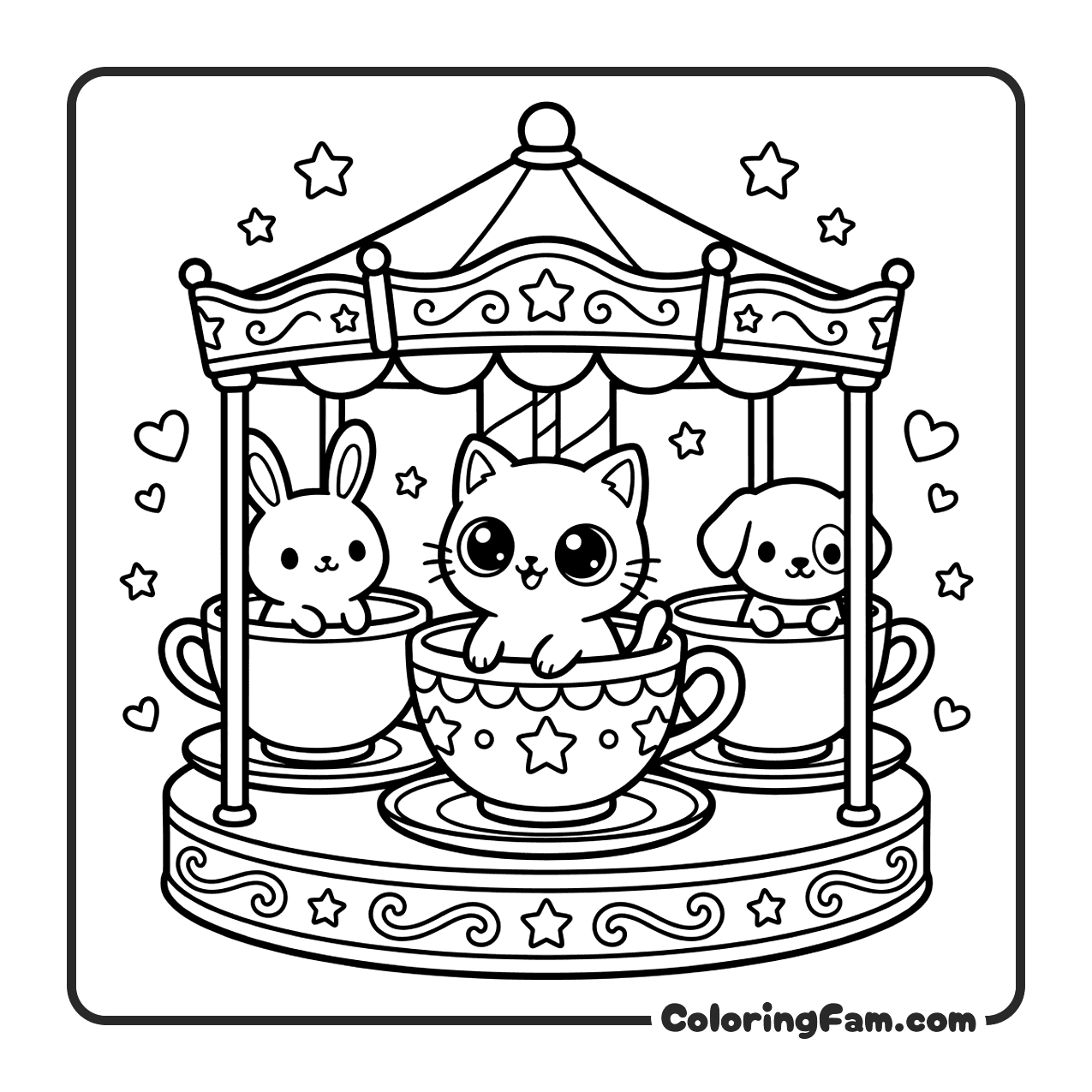 Cute Cat In Teacup Carousel coloring page