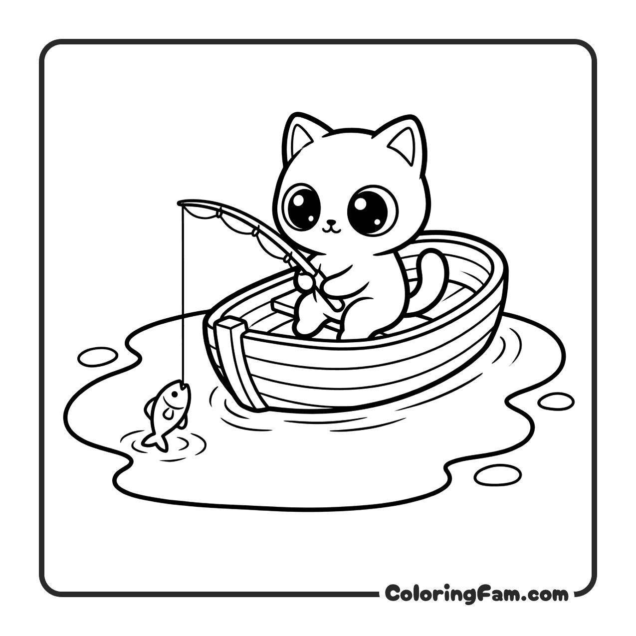 Cute Cat In Tiny Boat On Puddle coloring page
