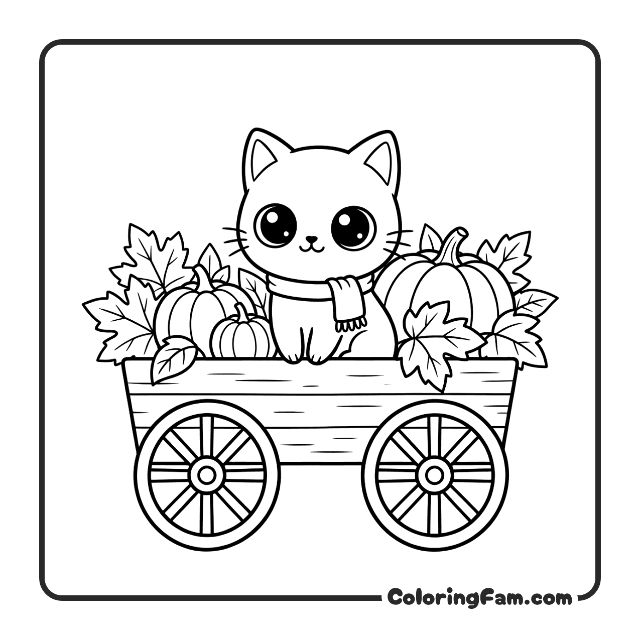 Cute Cat In Wagon With Pumpkins coloring page