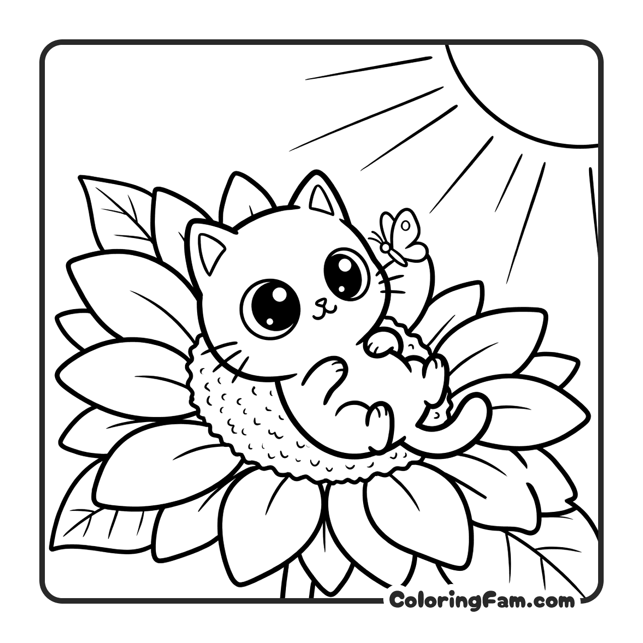Cute Cat Lying On Sunflower Bed coloring page