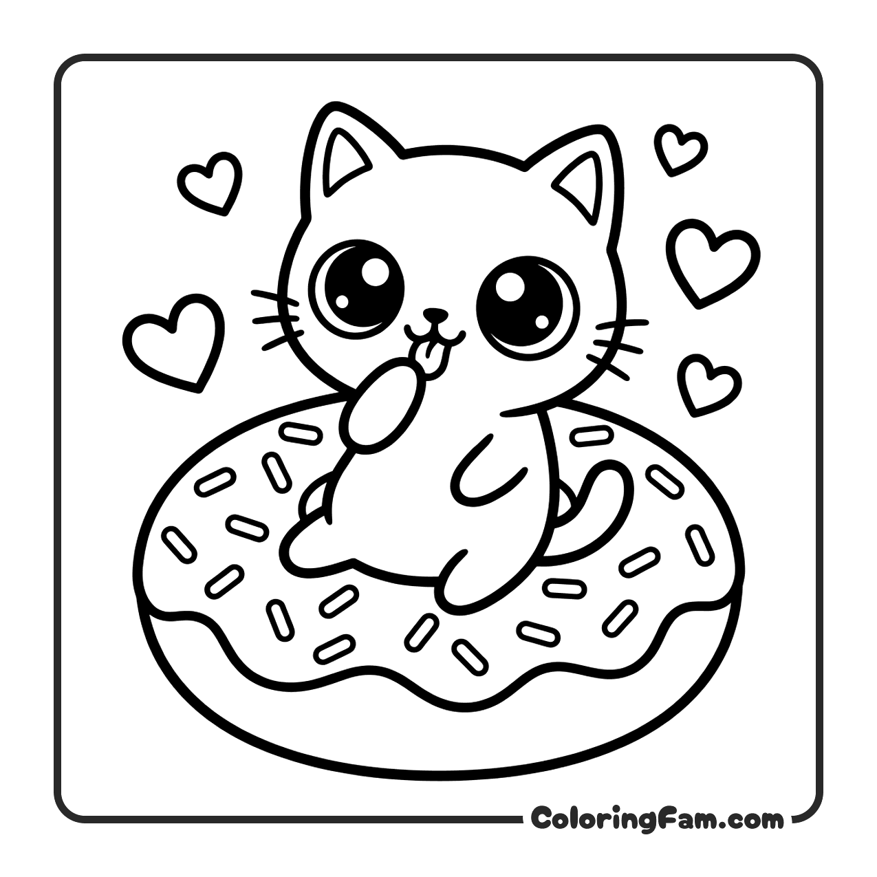 Cute Cat On Giant Donut With Sprinkles coloring page
