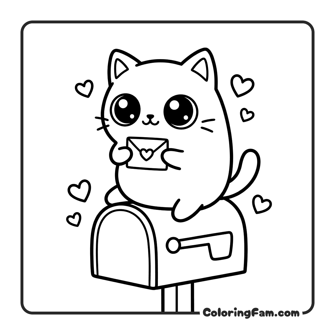 Cute Cat On Mailbox With Love Letter coloring page