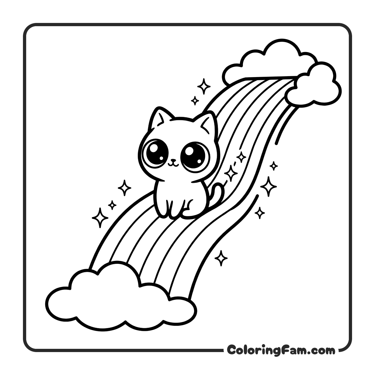 Cute Cat On Rainbow Slide With Clouds coloring page