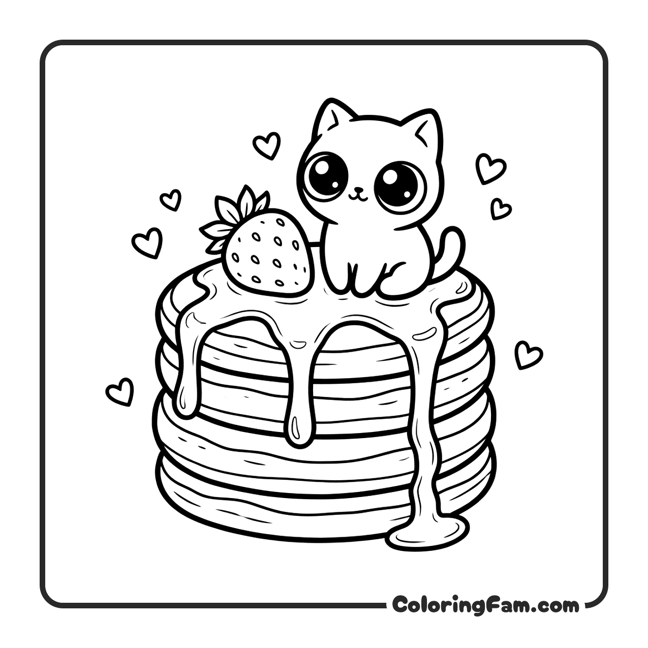 Cute Cat On Stack Of Pancakes coloring page
