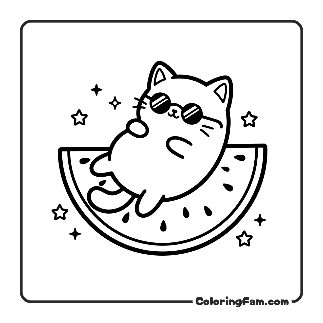 Cute Cat On Watermelon Slice In Summer coloring page