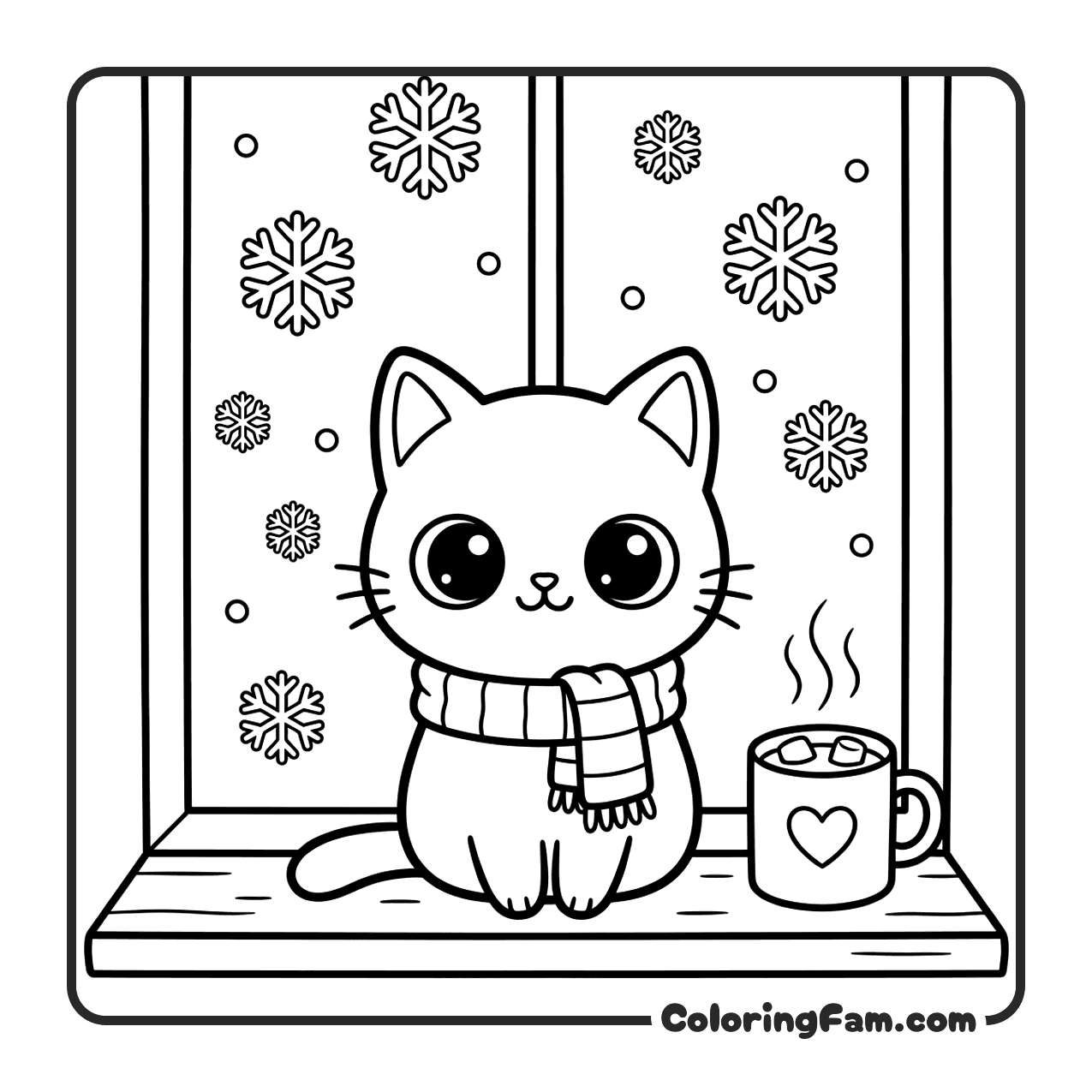 Cute Cat On Windowsill Watching Snowflakes coloring page