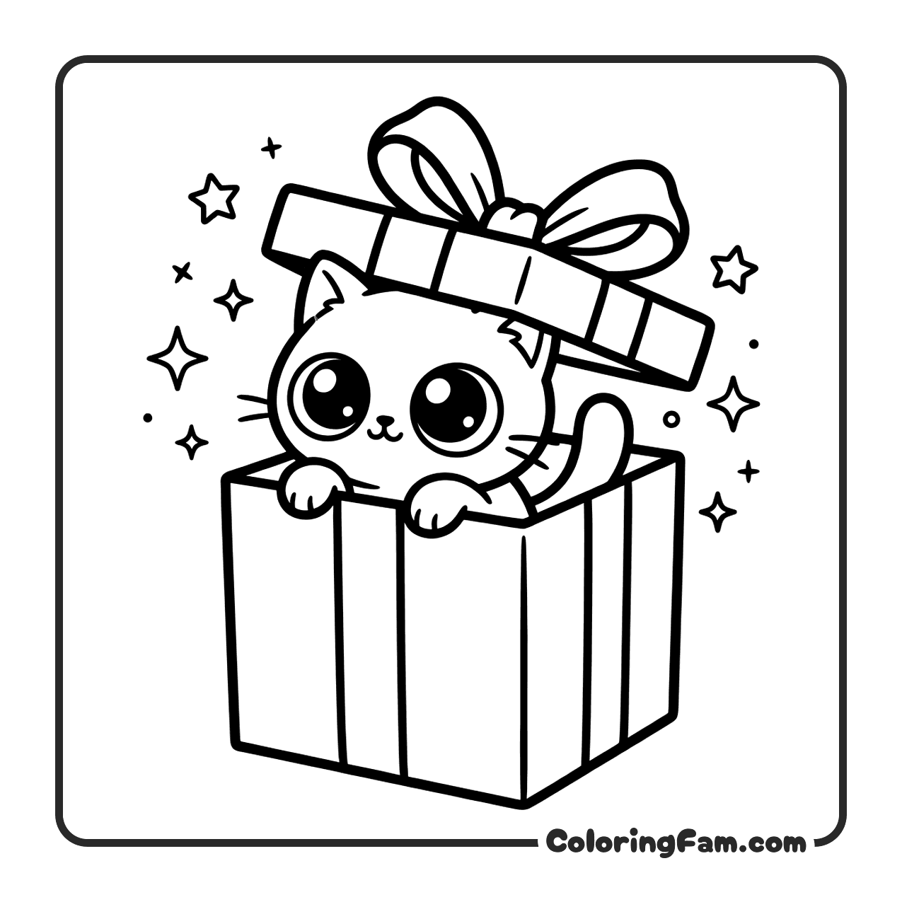 Cute Cat Peeking Out Of Gift Box coloring page