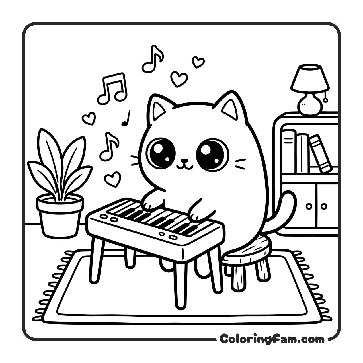 Cute Cat Playing Piano coloring page