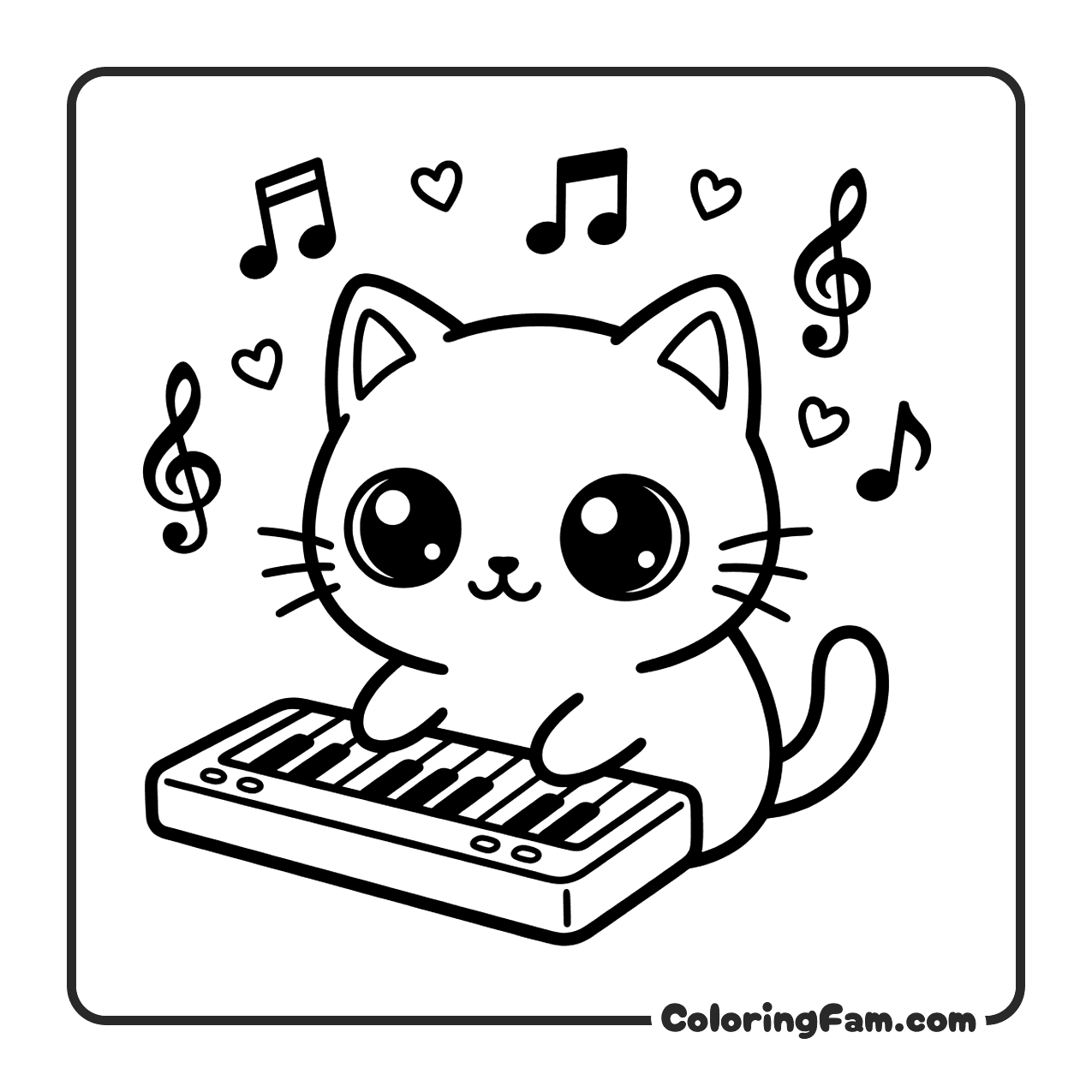 Cute Cat Playing Piano With Music Notes coloring page